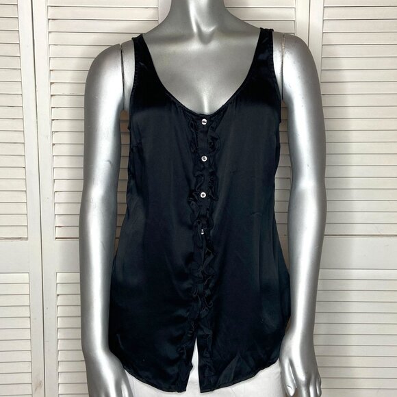 Martin + Osa Black 100% Silk Sleeveless Button Front Ruffled Scoop Neck Blouse 6 - Picture 1 of 7